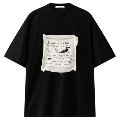 飞鸟图案印花美式T恤双层领短袖