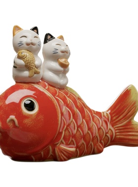 美陶《招财锦鲤》石湾公仔 家居电视柜创意陶瓷鱼博古柜玄关摆件