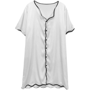 维多控睡衣女短袖中长款性感真丝睡裙简约蚕丝宽松衬衫家居服女夏