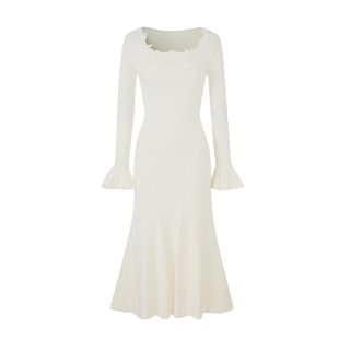 ByYou 春季新款白色蕾丝领喇叭袖兔绒针织连衣裙内搭打底毛衣长裙
