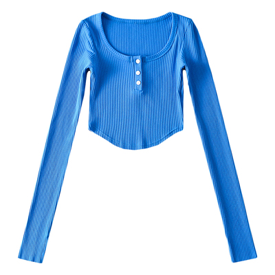 辣妹性感弧形下摆长袖T恤上衣女