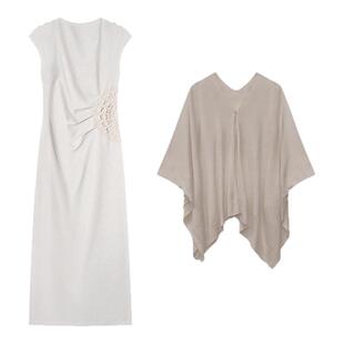 贰羊设计【青山映】小飞袖高级感连衣裙女通勤气质拼接手工钩织花