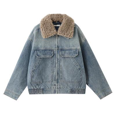 三福牛仔外套女2026新款春季复古可拆翻领毛领宽松夹克女装515493