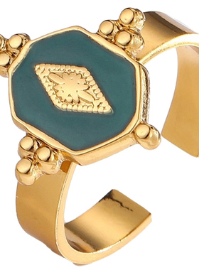 ring法式宫廷风祖母绿开口钛钢戒