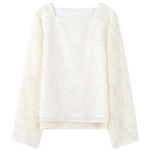 秋水伊人法式设计感方领蕾丝衫2026春季新款女装肌理长袖刺绣衬衫