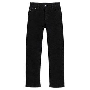 Basic House/百家好黑色九分牛仔裤女冬小个子高腰加绒加厚直筒裤