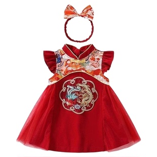 新中式女童连衣裙夏季周岁女宝宝抓周宴衣服百岁宴红色礼服