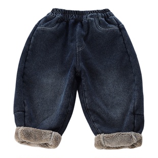 儿童加绒牛仔裤男童韩版卡通印花秋冬加厚羊羔绒宝宝宽松休闲裤暖