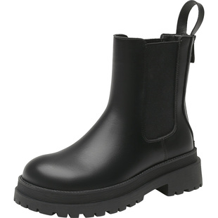 大东切尔西靴女鞋2025冬季新款时尚优雅粗跟中跟后拉链D0010