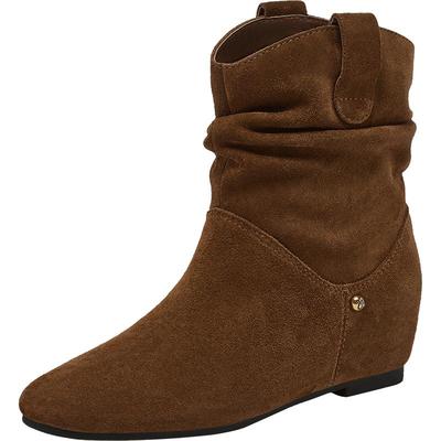 百思图2025冬新款真皮西部牛仔堆堆靴通勤棕色女短靴C7022DZ5Z