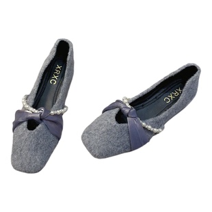 法式晚晚风灰色毛呢子单鞋女2025秋冬季新款毛毛鞋舒适温柔风女鞋