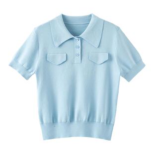 晚白蓝色polo翻领冰丝短袖针织衫女2026夏季新款休闲正肩显瘦上衣