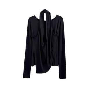 3ts 03/13春季长袖挂脖露肩假两件上衣天丝羊毛休闲设计感打底衫