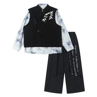 男童春秋高端长袖日常汉服套装2026新款儿童新中式国风唐装三件套