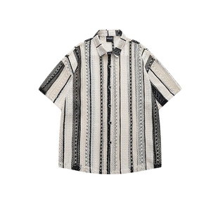 悟空有货美式夏季肌理感镂空短袖衬衫男复古潮牌情侣休闲半袖衬衣