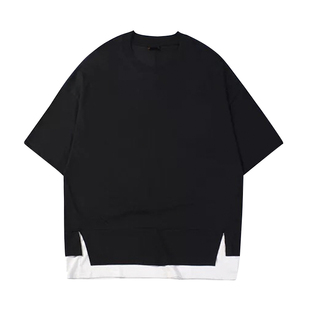 杨一帆2025夏季新款假两件t恤衫休闲宽松圆领蝙蝠袖潮牌短袖t恤男