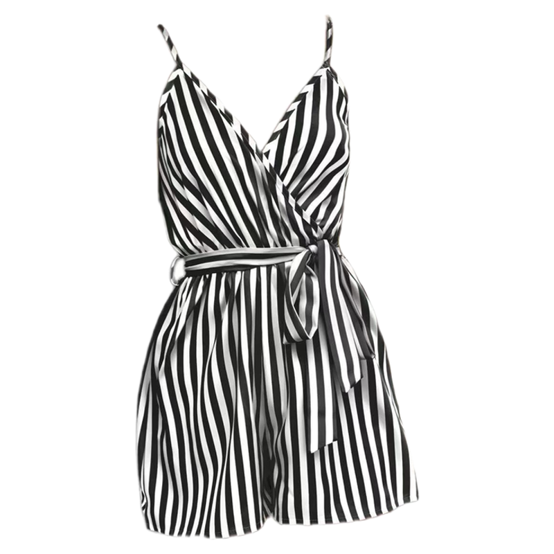 Women's V-neck striped suspender jumpsuit女V领条纹吊带连体裤