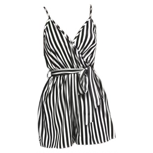 Women's V-neck striped suspender jumpsuit女V领条纹吊带连体裤