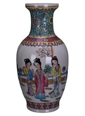 特价景德镇厂货粉彩美人图花篮瓶一对红色瓷手工古玩古董收藏
