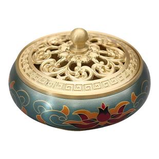 印彩莲花铜香炉家用室内熏香炉沉香中国风盘香炉摆件茶道焚香炉