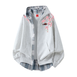 查尔斯桃心花卉印花假两件连帽开衫卫衣男女款春秋季情侣美式外套