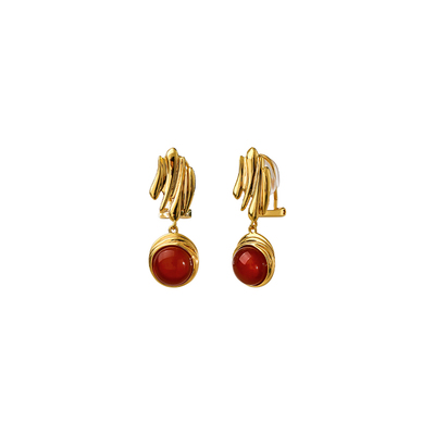 白岚流霞耳夹925银红玛瑙无耳洞耳饰女气质红色本命年饰品ED4826