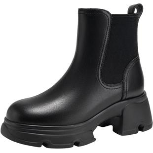 【卢昱晓同款】千百度真皮厚底切尔西靴女冬季加绒保暖烟筒靴短靴