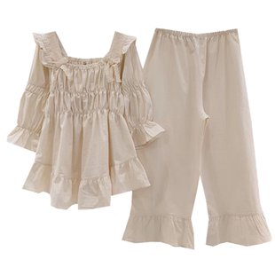 LUNALUZ2021春夏韩国代购纯棉甜美花边七分袖情侣睡衣套装睡裙女