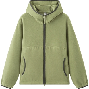 森马抗静电摇粒绒外套男2024秋冬新款加绒宽松连帽上衣男女同款