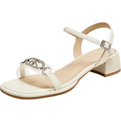 百思图夏季商场新款时尚通勤仙女风一字带粗跟女凉鞋TFJ01BL5