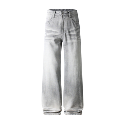 98SQUID 美式复古水洗猫须灰色牛仔裤男女宽松休闲直筒垂感长裤子