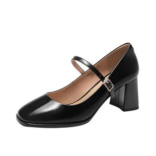 千百度女鞋秋季新款时装单鞋温柔风鞋子粗跟真皮中跟通勤鞋