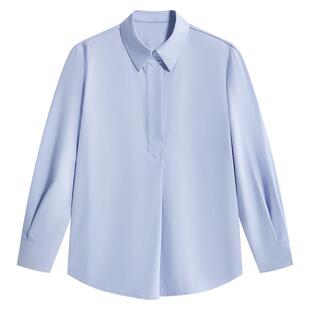 达佳诗蓝色长袖衬衫女大学生面试穿搭V领衬衣职场白领通勤职业装