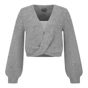 URAX秋冬季新款甜美短款简约格雷系钉珠装饰扭结针织衫QM