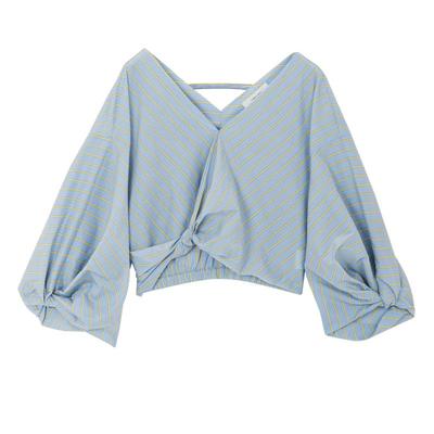 MSLAN早秋条纹气质短款收腰衬衫