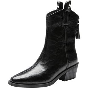 大东女靴短靴2025冬季新款优雅粗跟通勤靴子中筒靴后拉链职场尖头