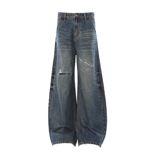 华夏印迹 春秋美式复古风阔腿牛仔裤女高腰破洞拖地直筒宽松长裤
