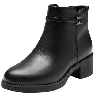 大东妈妈鞋冬季加绒保暖皮靴女2025新款秋冬粗跟短靴中年靴子棉鞋