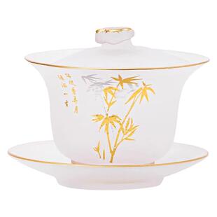 祁县水晶玻璃描金三才盖碗茶碗家用功夫茶具加厚不烫手带盖泡茶器