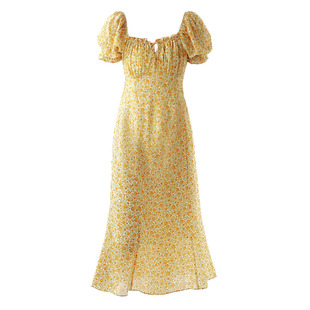 胖mm夏装大码女装连衣裙复古方领洋气显瘦木耳边短袖雪纺碎花长裙