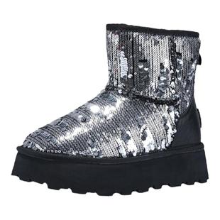 iiJin艾今官方冬季8cm厚底内增高时尚珠片保暖羊毛雪地靴女707OVB