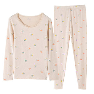 顶呱呱保暖内衣女秋衣秋裤套装薄款弹力莱卡棉圆领印花棉毛衫女薄