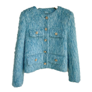 法式重工蓝色小香风外套减龄千金高级感优雅气质毛毛百搭加厚上衣