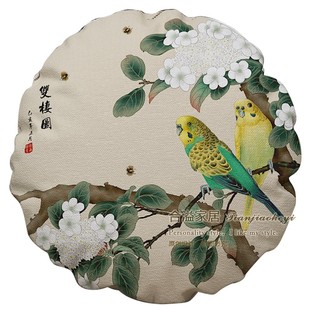 新中式中国风百花齐放系列工笔花鸟圆形抱枕客厅沙发靠垫腰枕亚麻