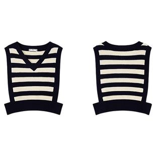 PIT撞色横条纹V领无袖背心马甲针织衫女2025夏薄款透气叠穿上衣