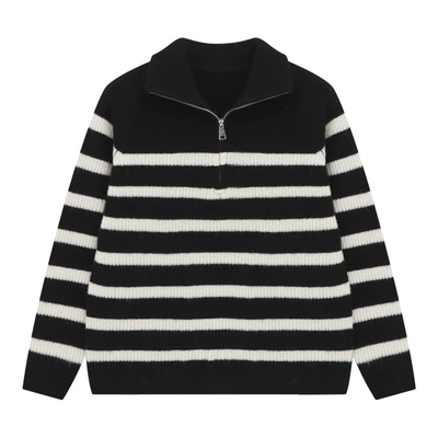 百家好条纹半拉链翻领羊毛针织衫女冬季新款宽松遮肉加厚保暖毛衣