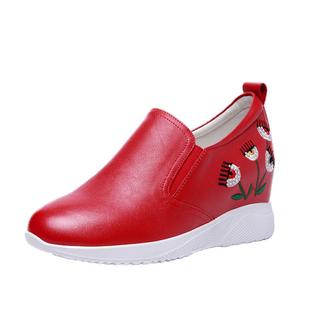 红色内增高女士皮鞋2025春秋季新款纯真皮软牛皮时尚休闲鞋妈妈鞋