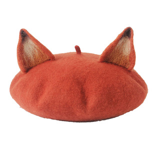 瘦瘦家原创手工羊毛毡秋冬季百搭可爱狐狸耳朵画家帽女日系贝雷帽