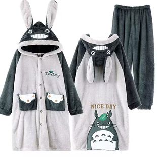 加厚秋冬保暖连帽睡袍男珊瑚绒加绒宽松大码200斤睡衣套装可外穿