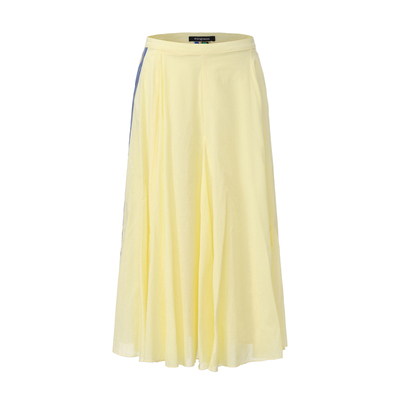 黄色侧边撞色织带宽松中腰大摆裙